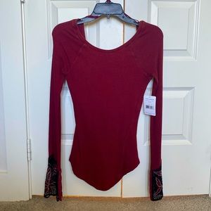 Free People, never been worn, maroon, knit sweater with crochet cuffs